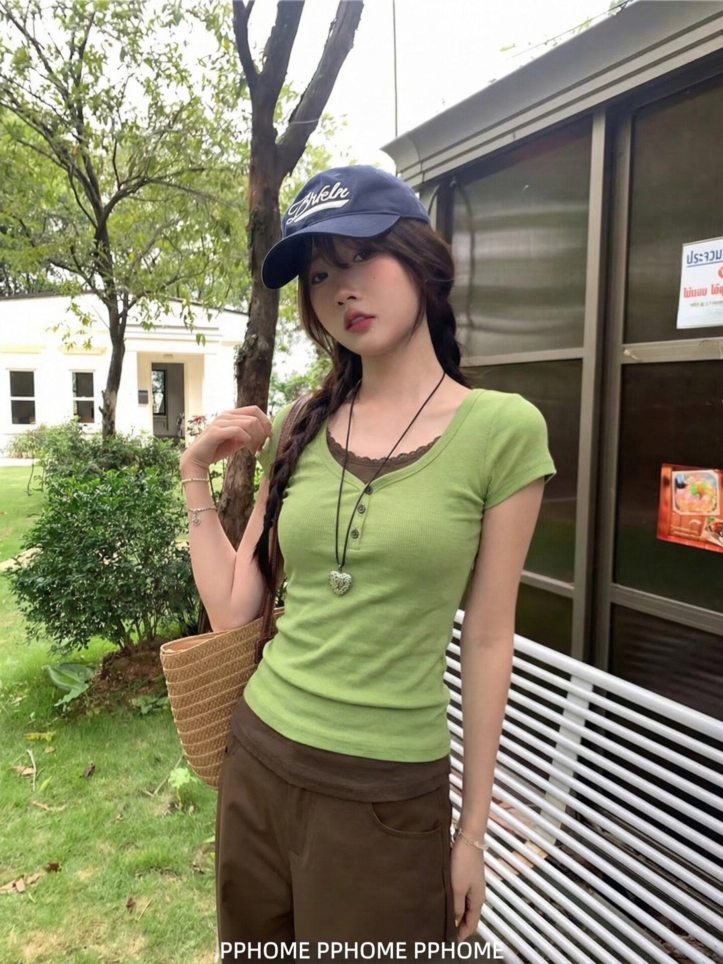 法式羅紋假兩件花邊綠色圓領短袖t恤女修身百搭顯瘦上衣