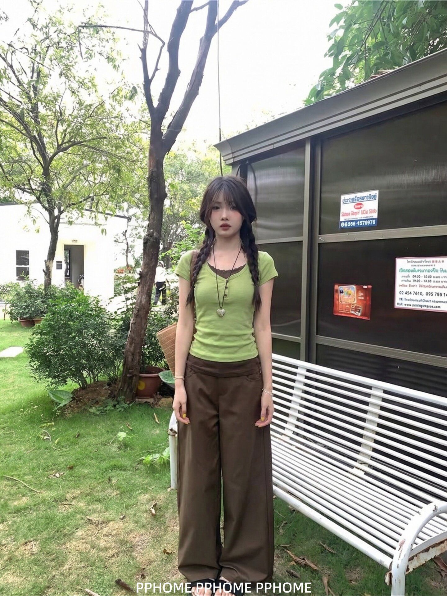 法式羅紋假兩件花邊綠色圓領短袖t恤女修身百搭顯瘦上衣