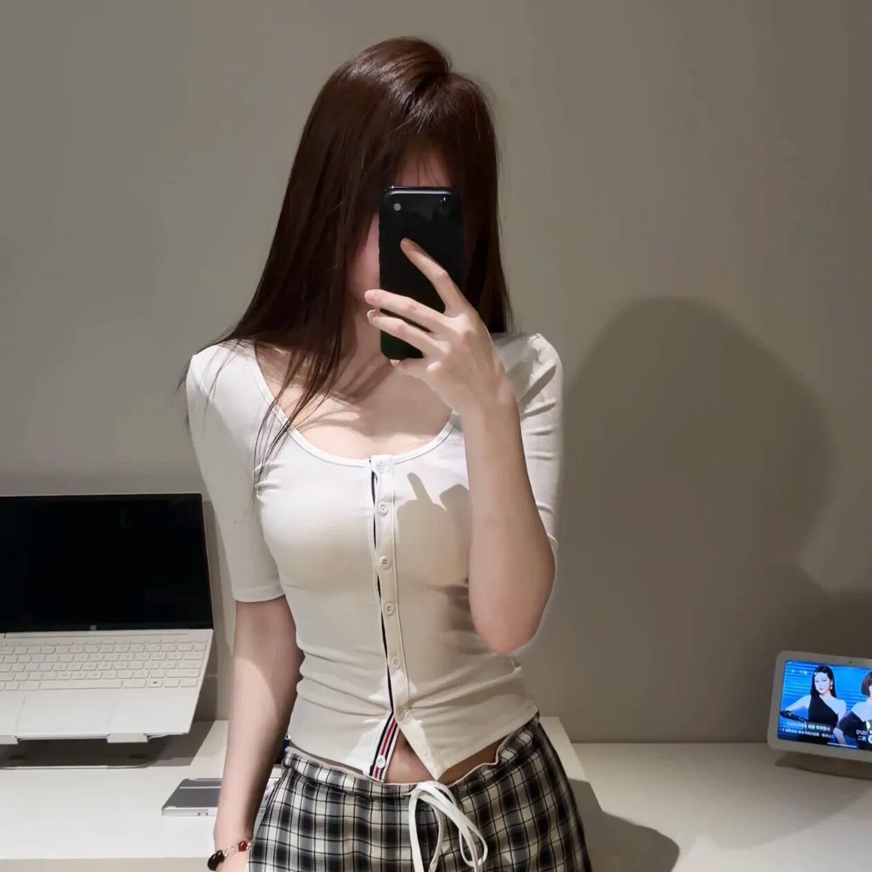 白色u領正肩中袖T恤女夏季修身撞色設計感開衫短款上衣