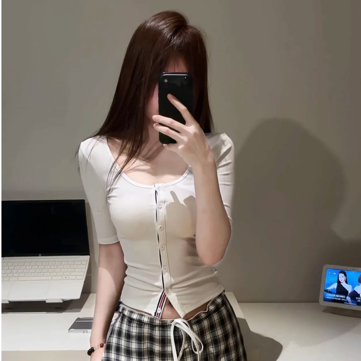 白色u領正肩中袖T恤女夏季修身撞色設計感開衫短款上衣