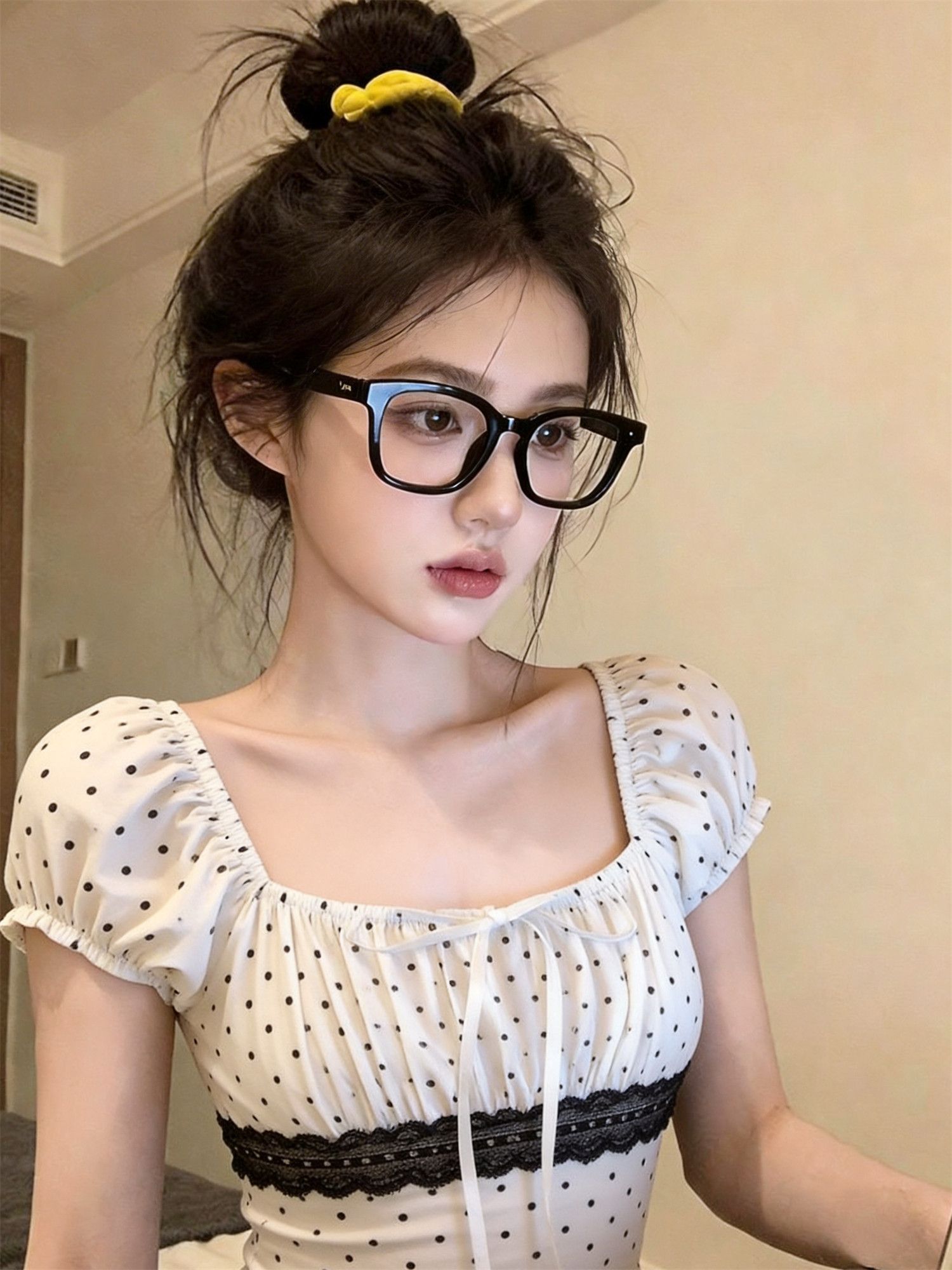 方領蕾絲波點短袖T恤女夏季修身獨特漂亮巨好看的泡泡袖上衣