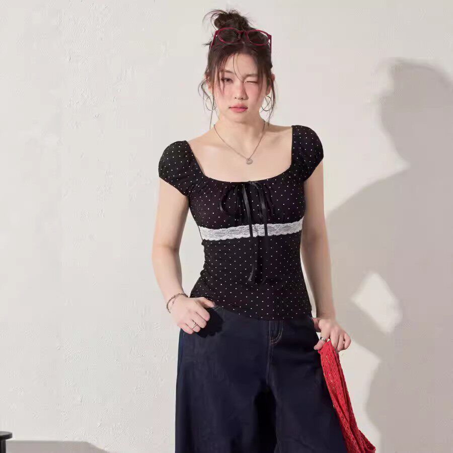 波點方領鎖骨T恤女夏季蝴蝶結拼接蕾絲上衣外穿泡泡短袖小衫