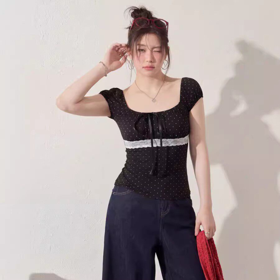 波點方領鎖骨T恤女夏季蝴蝶結拼接蕾絲上衣外穿泡泡短袖小衫