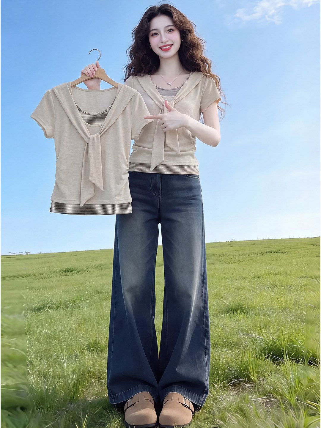 溫柔風假兩件飄帶短袖t恤女夏季新款氣質顯瘦小衫超好看上衣