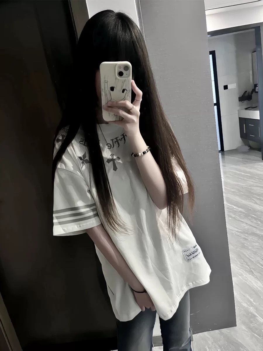 美式街頭十字架字母印花短袖 T 恤男女同款寬松潮牌情侶上衣