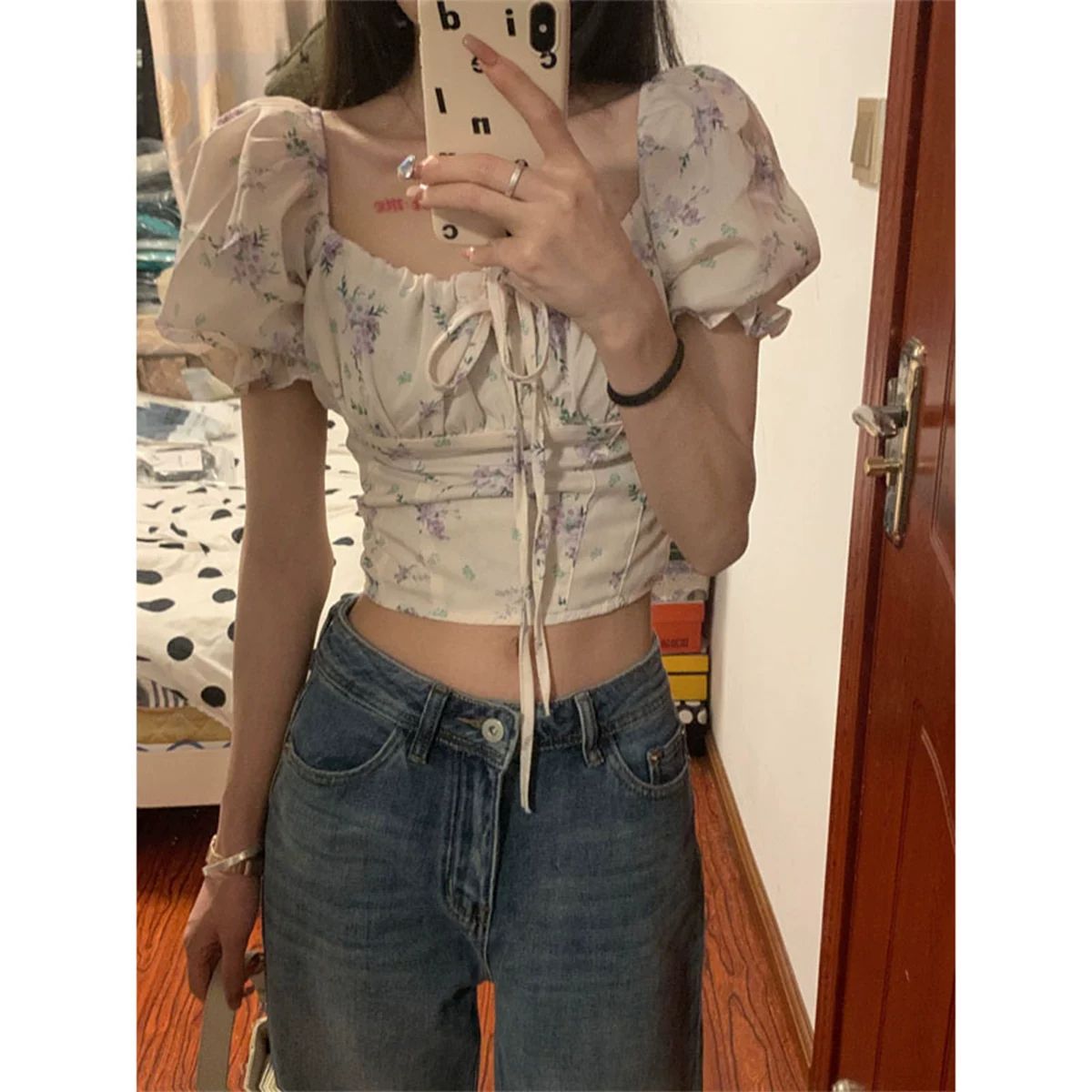 泡泡袖碎花短袖襯衫女夏季純欲收腰修身性感掐腰緊身短款上衣