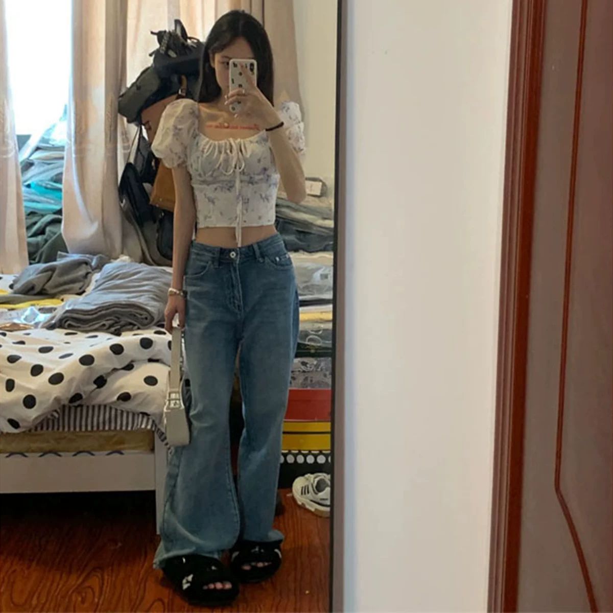 泡泡袖碎花短袖襯衫女夏季純欲收腰修身性感掐腰緊身短款上衣