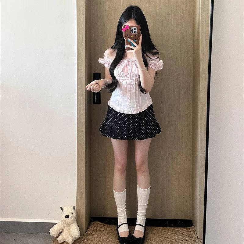 甜美風蝴蝶結系帶夏季法式短袖甜美泡泡袖方領短款襯衫女