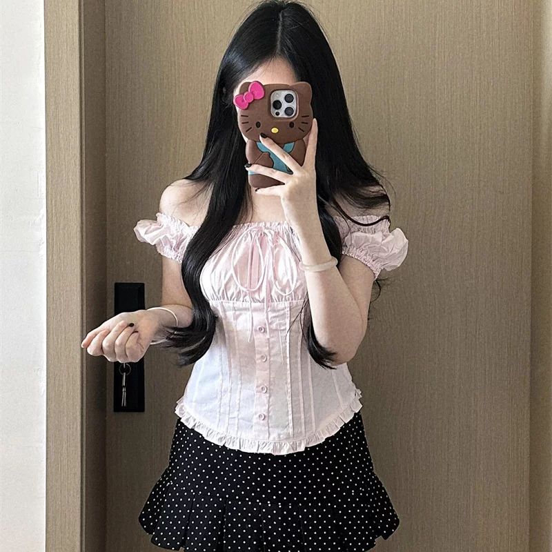 甜美風蝴蝶結系帶夏季法式短袖甜美泡泡袖方領短款襯衫女