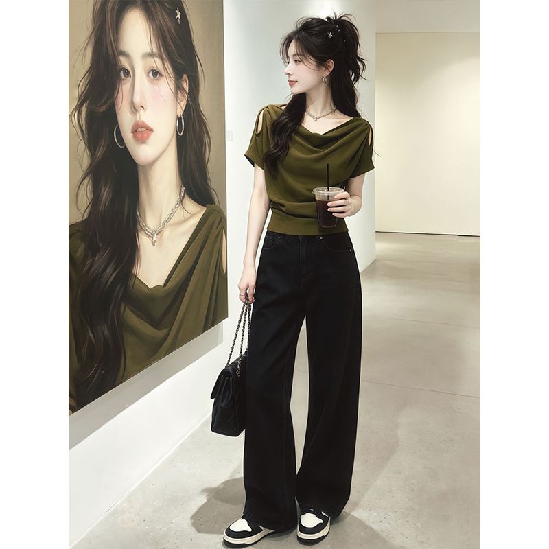 大碼蕩領露肩短袖T恤女2026年夏季獨特漂亮絕美上衣