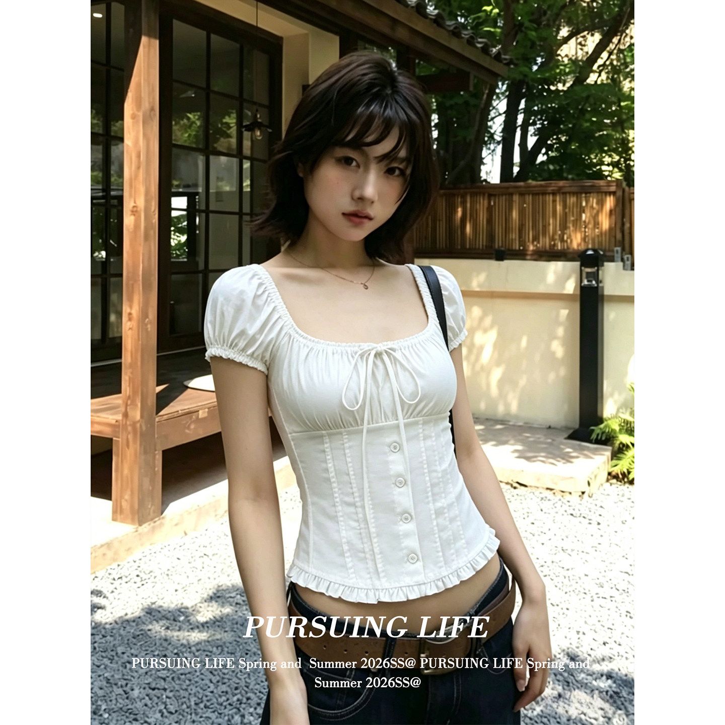 白色方領泡泡袖收腰上衣女夏季純欲風修身顯瘦百搭 T 恤