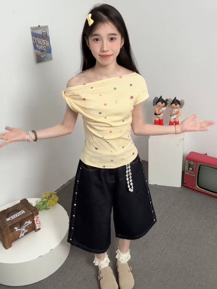 純欲不對稱設計感星星波點斜露肩短袖t恤女夏修身上衣