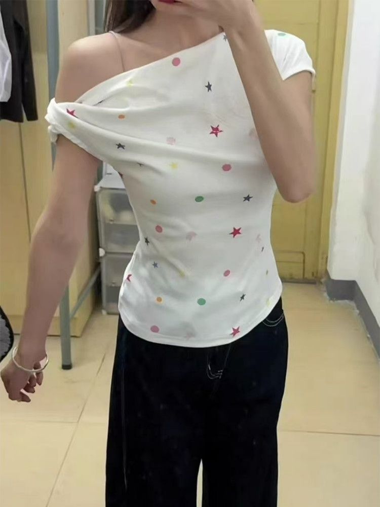 美式辣妹星星波點斜露肩短袖t恤女夏多巴胺穿搭設計感上衣