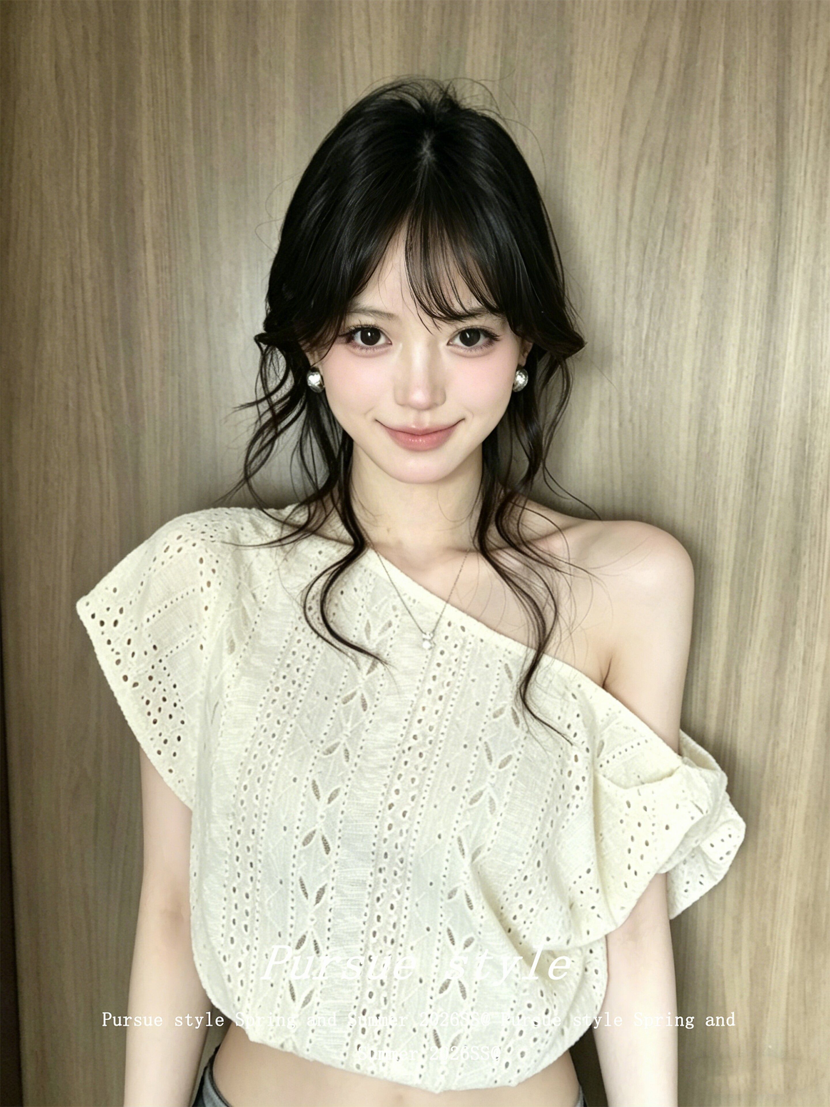 韓系甜美風斜肩t恤女夏季提花刺繡扭結短袖設計感露肩上衣