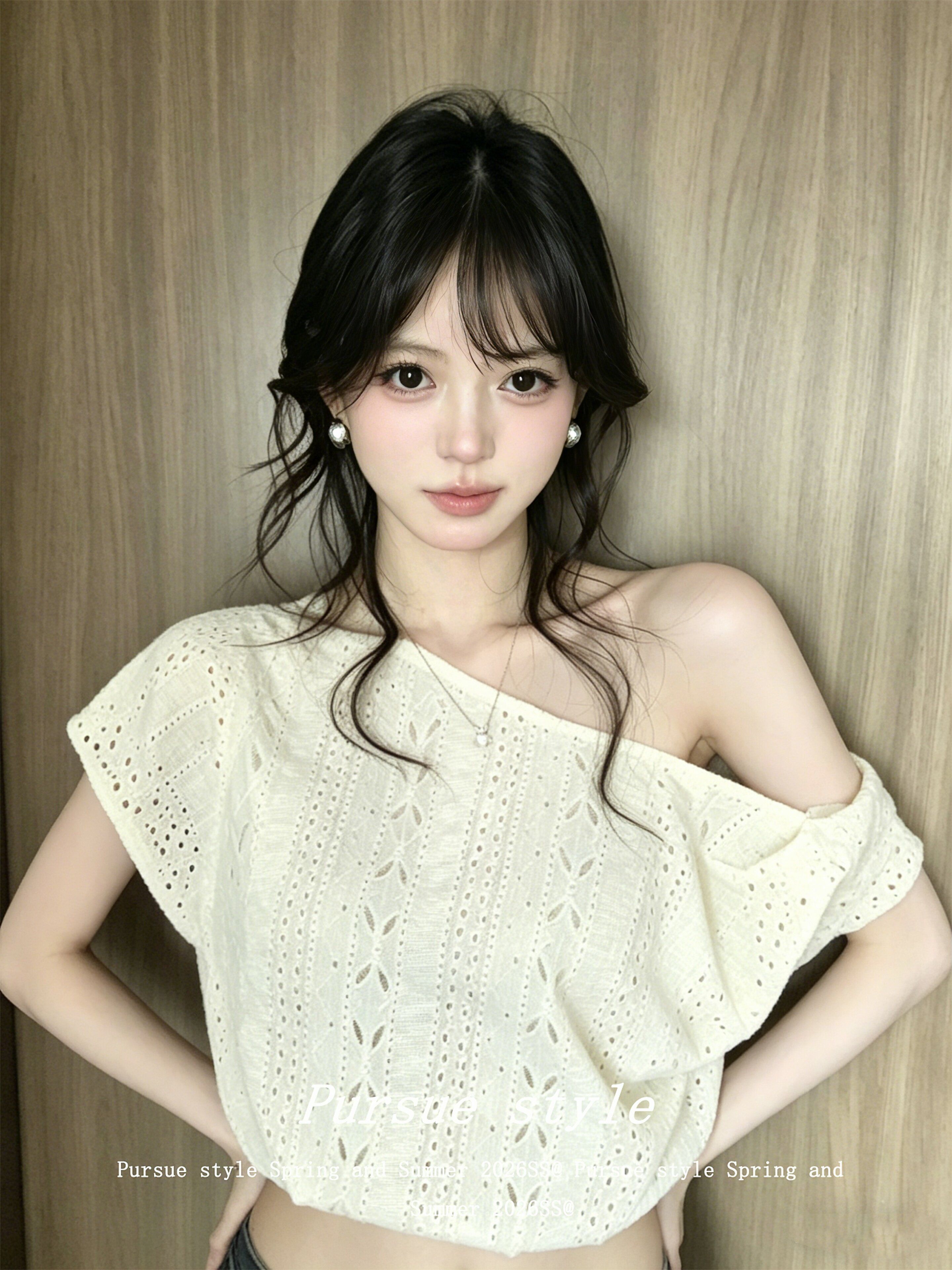 韓系甜美風斜肩t恤女夏季提花刺繡扭結短袖設計感露肩上衣