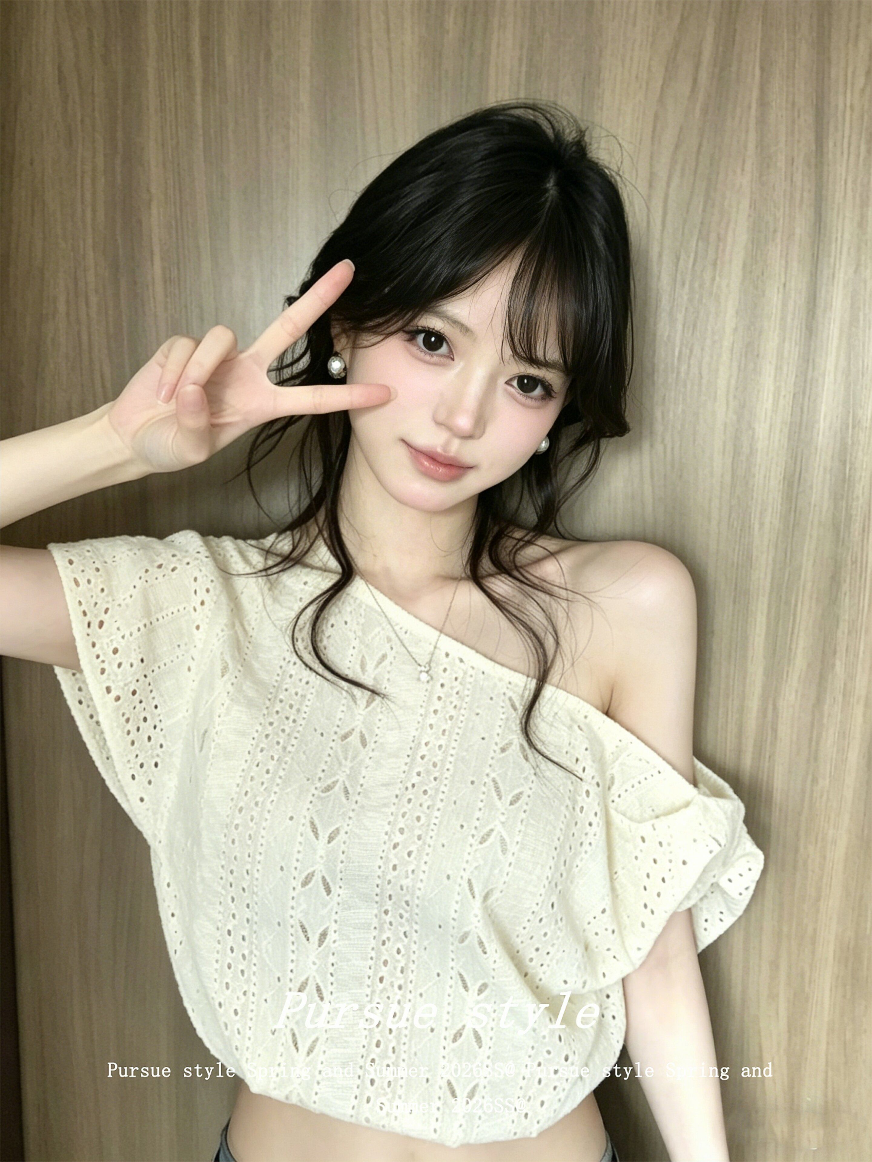 韓系甜美風斜肩t恤女夏季提花刺繡扭結短袖設計感露肩上衣