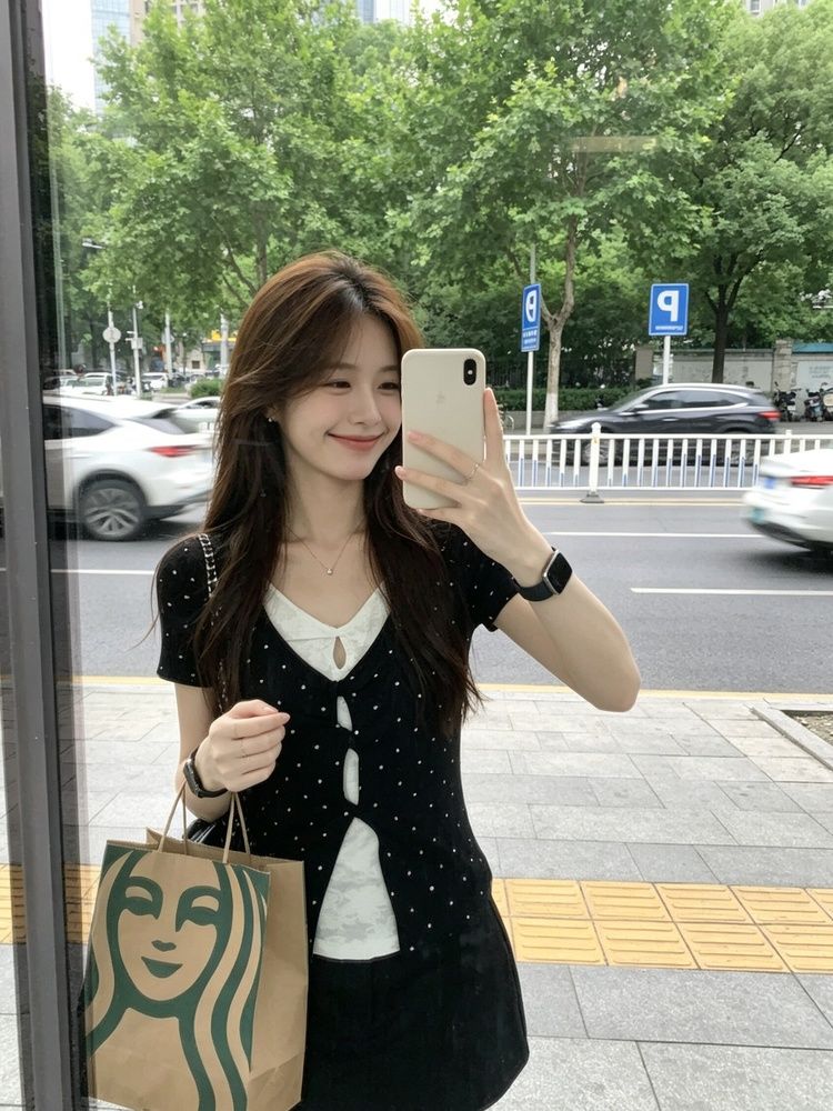 韓系辣妹假兩件波點蕾絲短袖t恤女夏季修身小眾顯瘦上衣