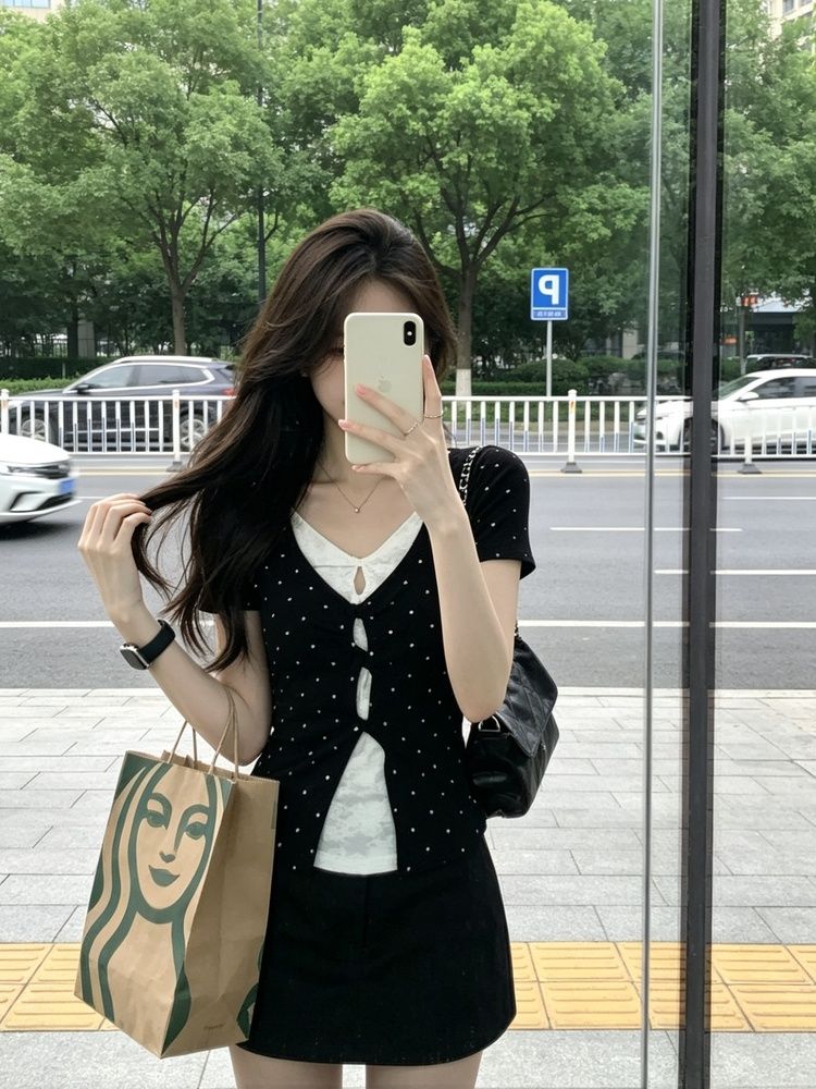 韓系辣妹假兩件波點蕾絲短袖t恤女夏季修身小眾顯瘦上衣