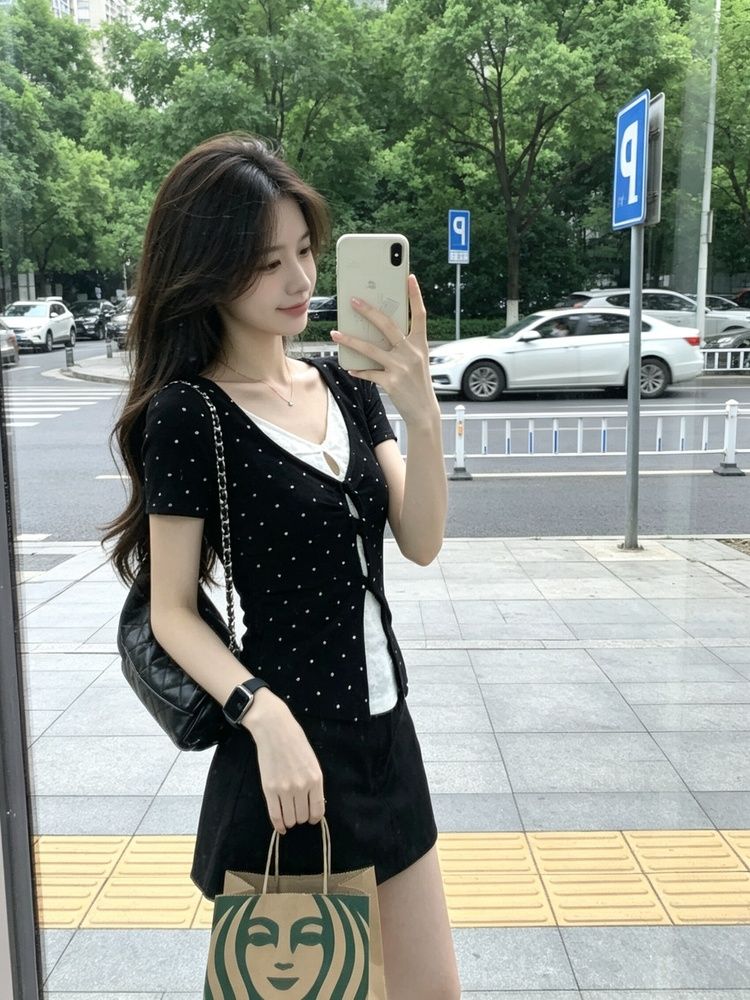 韓系辣妹假兩件波點蕾絲短袖t恤女夏季修身小眾顯瘦上衣