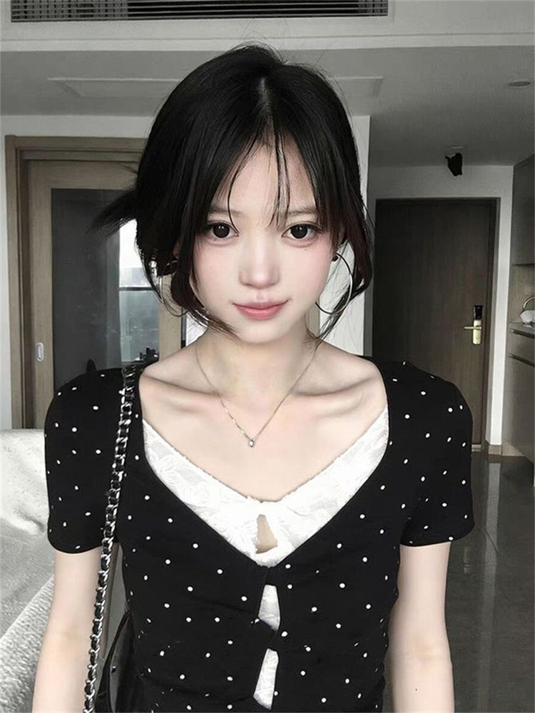 韓系假兩件波點蕾絲短袖t恤女夏季修身小眾黑色正肩上衣