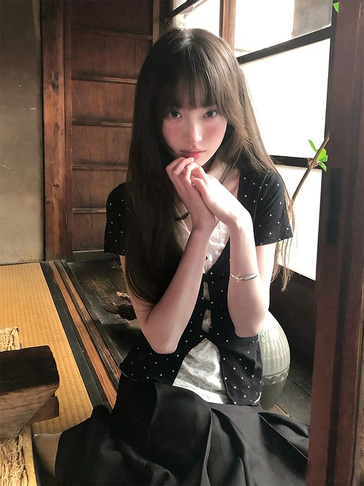 韓系假兩件波點短袖女夏拼接蕾絲正肩t恤修身設計感上衣