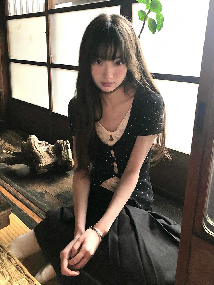 韓系假兩件波點短袖女夏拼接蕾絲正肩t恤修身設計感上衣