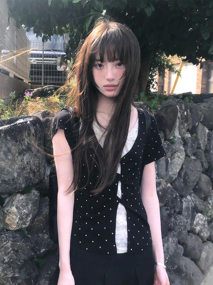 韓系假兩件波點短袖女夏拼接蕾絲正肩t恤修身設計感上衣