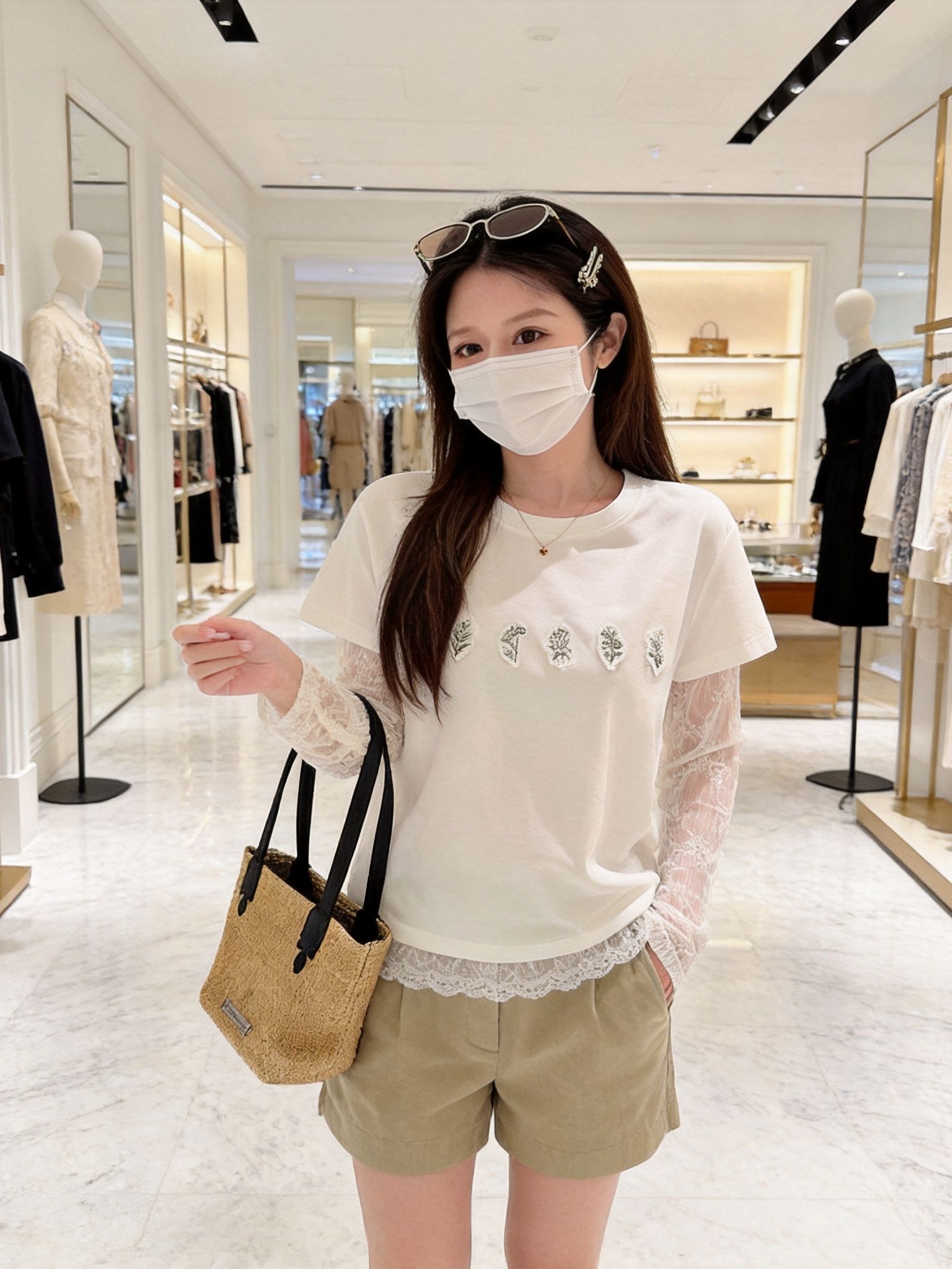 小眾舞蕾絲拼接貼布繡設計感假兩件長袖T恤女白色上衣夏