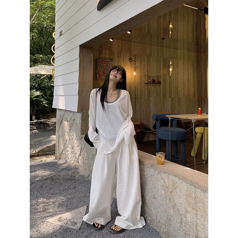 大碼女夏季新罩衫寬松慵懶風松弛感長袖搭配背心兩件套