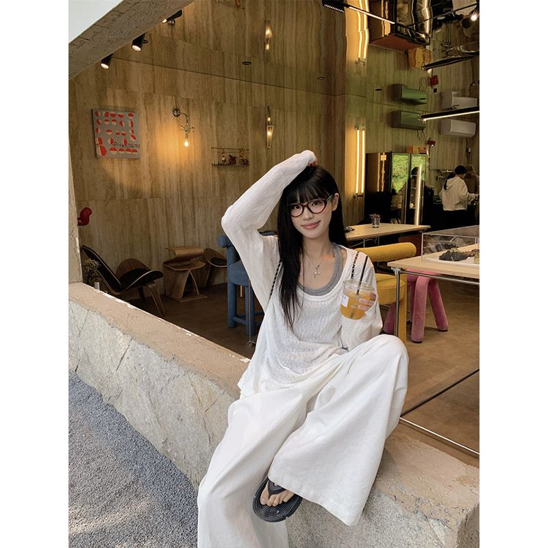 大碼女夏季新罩衫寬松慵懶風松弛感長袖搭配背心兩件套