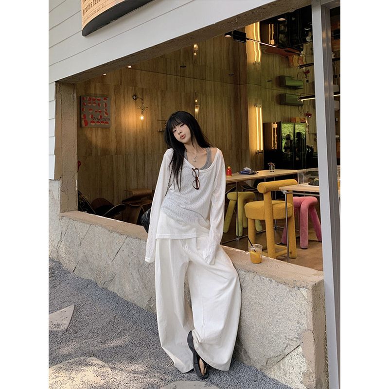 大碼女夏季新罩衫寬松慵懶風松弛感長袖搭配背心兩件套