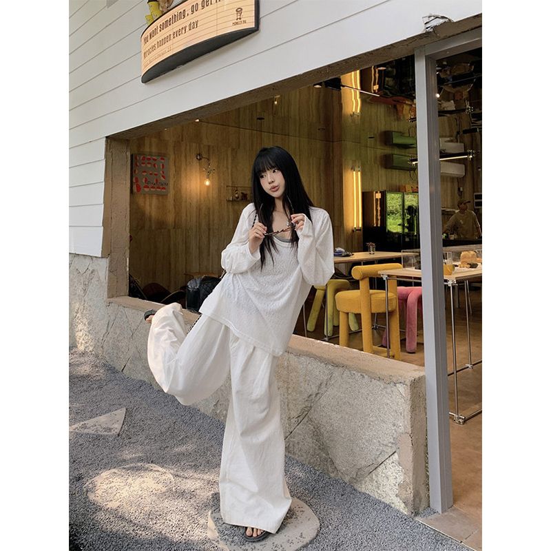 大碼女夏季新罩衫寬松慵懶風松弛感長袖搭配背心兩件套