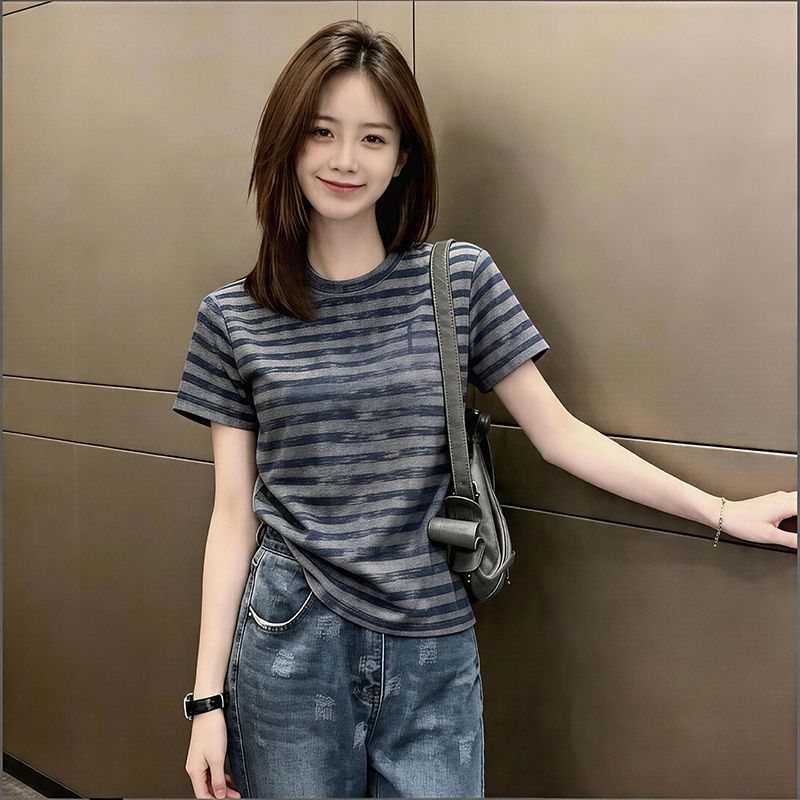 日常大碼女2026夏季新款條紋圓領短袖T恤顯瘦寬松上衣