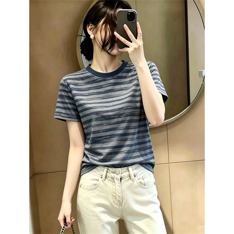 大碼簡約復古風條紋圓領短袖t恤女夏季新款百搭顯瘦上衣