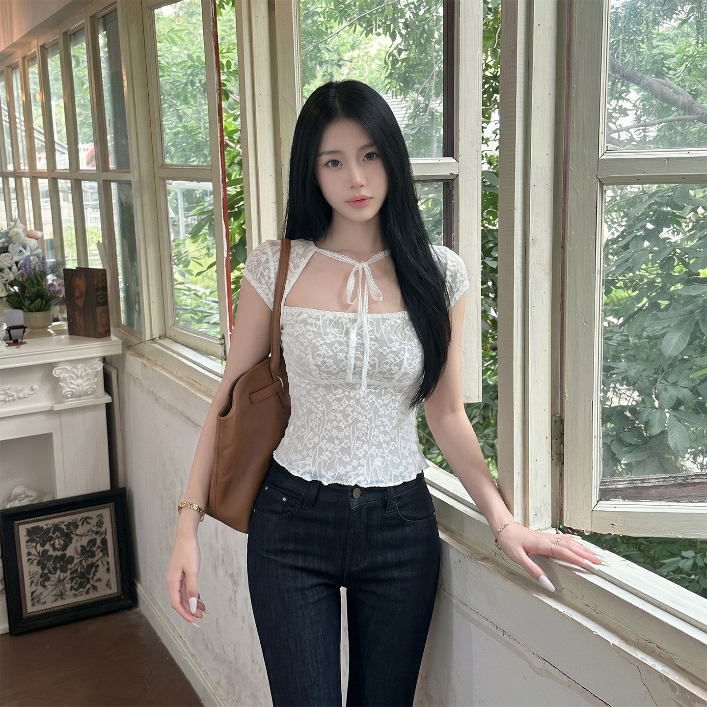 氣質系帶方領短袖蕾絲小衫女夏季新款修身顯瘦巨好看氣質上衣