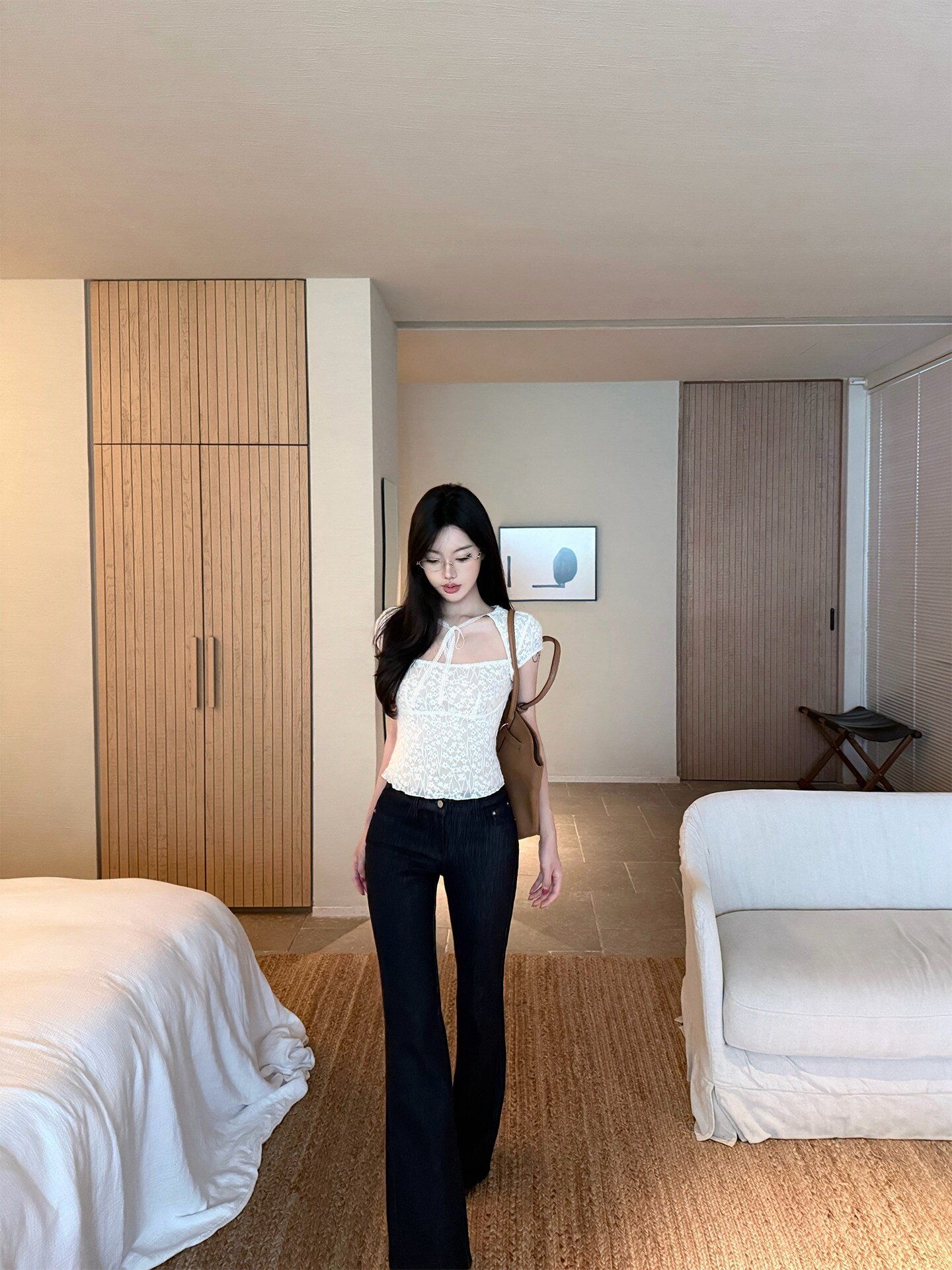 蕾絲方領短袖T恤女夏季純欲修身顯瘦絕美小眾綁帶設計感上衣
