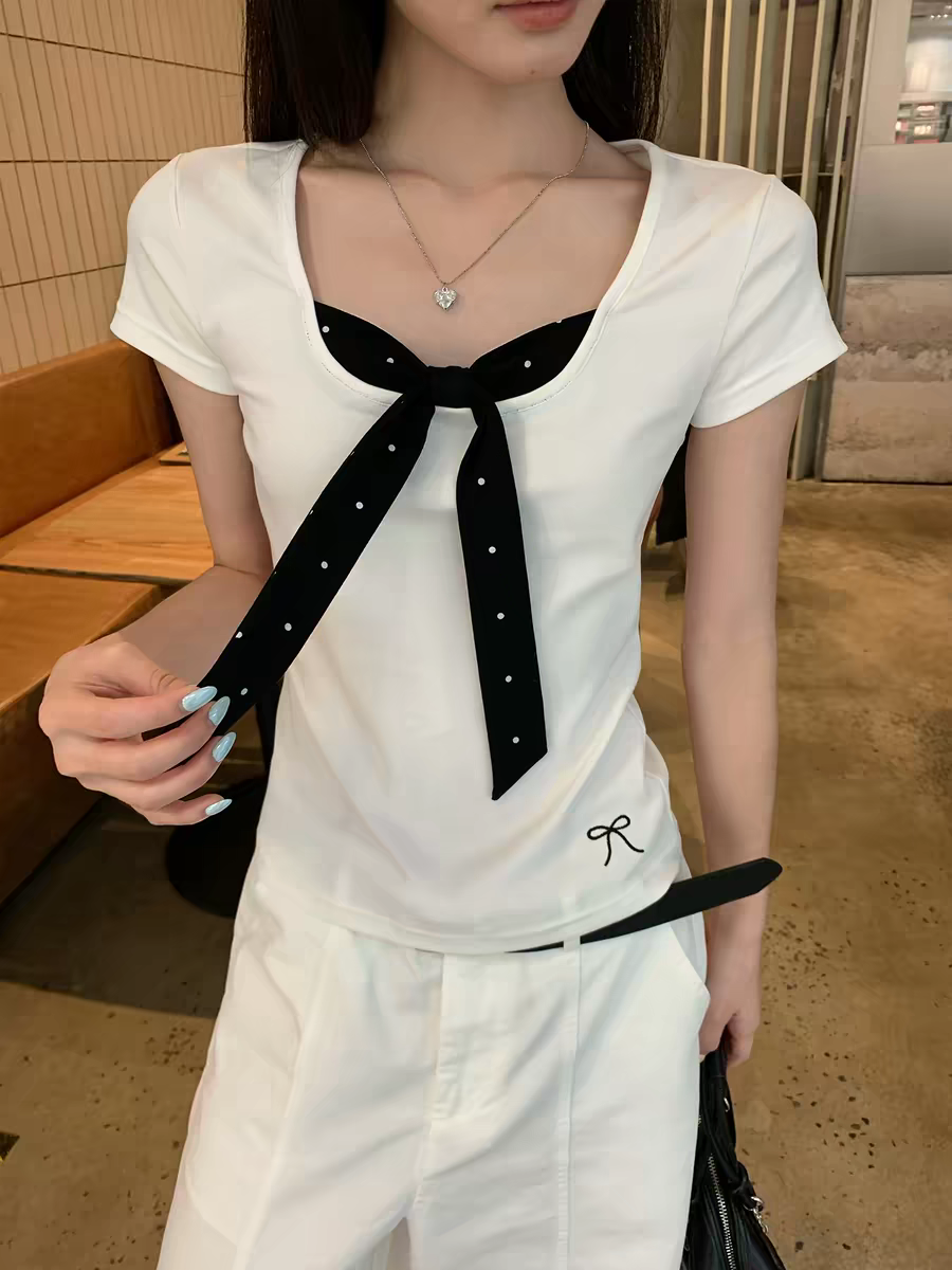 夏季新款白色短袖 T 恤女設計感蝴蝶結鑲鉆修身顯瘦百搭上衣