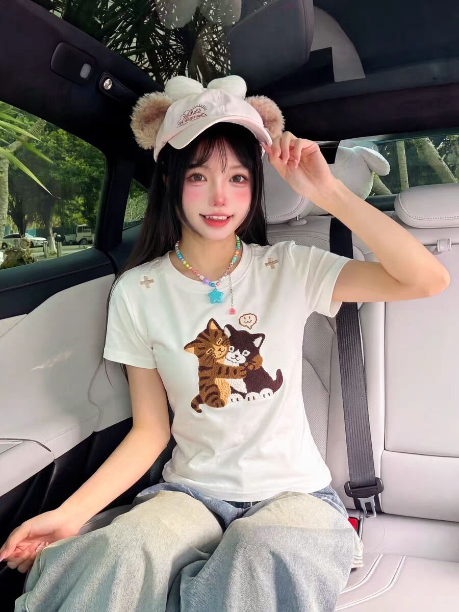 韓系休閑風貓咪印花修身短袖 T 恤女夏季顯瘦百搭短款上衣
