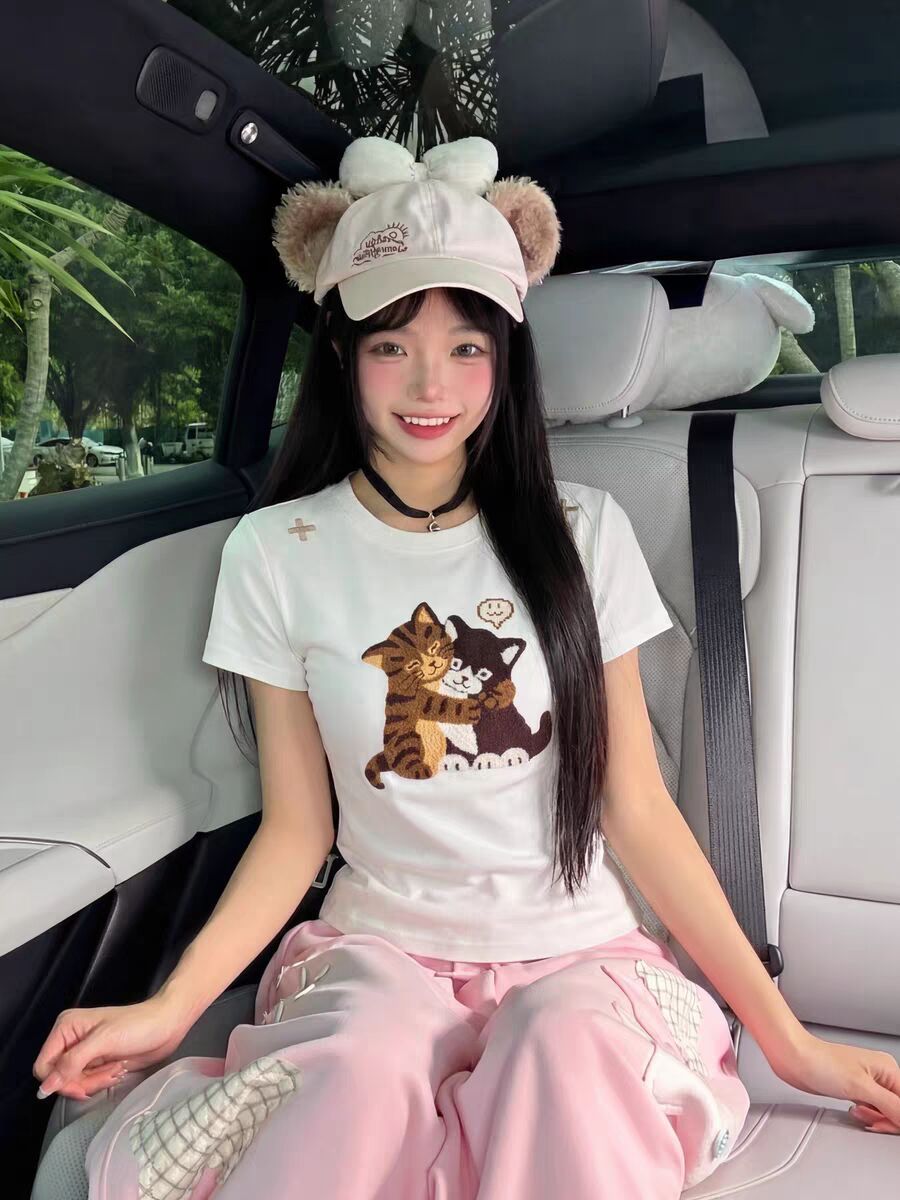 韓系休閑風貓咪印花修身短袖 T 恤女夏季顯瘦百搭短款上衣