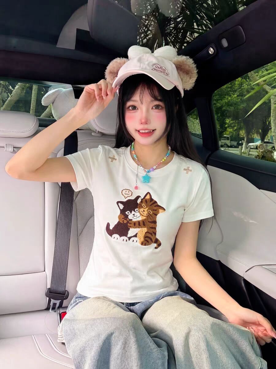 韓系休閑風貓咪印花修身短袖 T 恤女夏季顯瘦百搭短款上衣