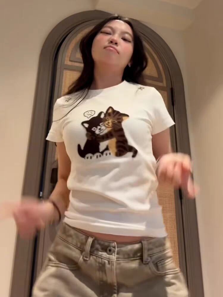 溫柔可愛風貓咪印花修身短袖 T 恤女夏季韓系顯瘦百搭短款上衣