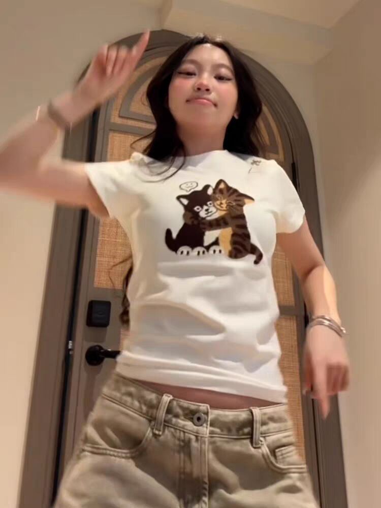 溫柔可愛風貓咪印花修身短袖 T 恤女夏季韓系顯瘦百搭短款上衣