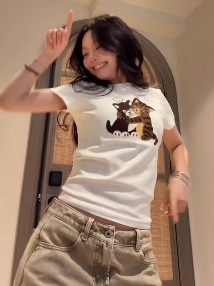 溫柔可愛風貓咪印花修身短袖 T 恤女夏季韓系顯瘦百搭短款上衣