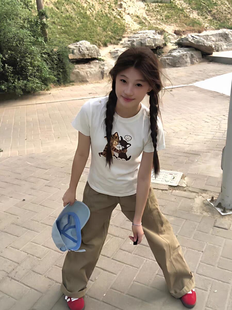 甜美可愛風貓咪印花修身短袖 T 恤女夏季韓系顯瘦百搭短款上衣