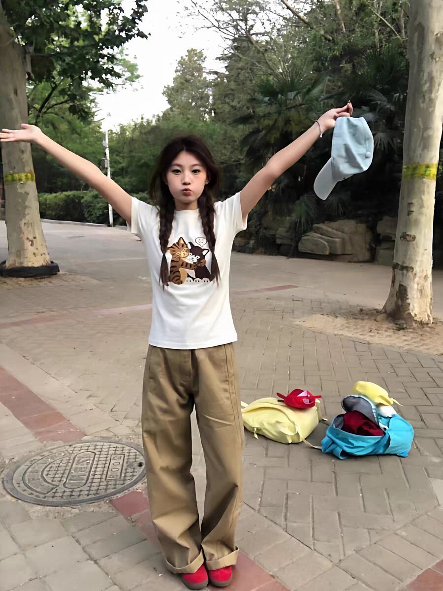 甜美可愛風貓咪印花修身短袖 T 恤女夏季韓系顯瘦百搭短款上衣