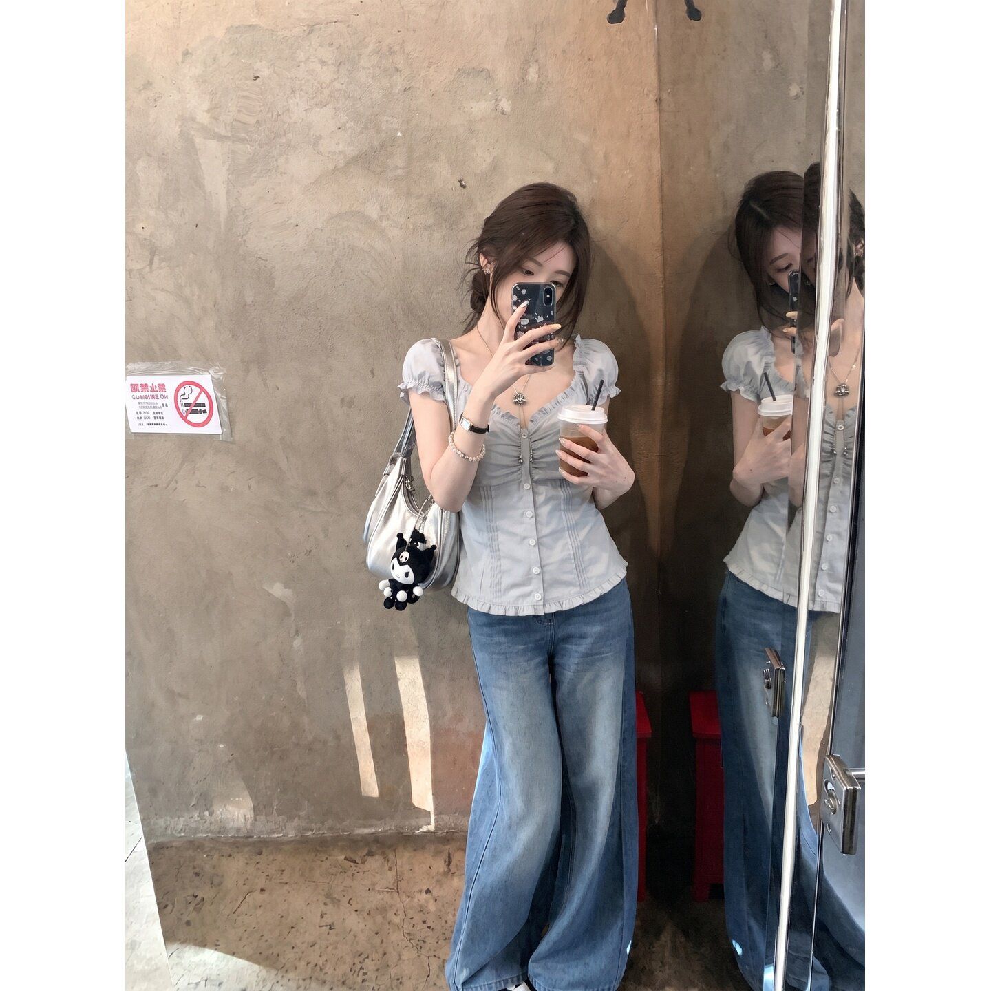 方領木耳邊褶皺短袖襯衫女夏季溫柔風收腰顯瘦百搭短款上衣