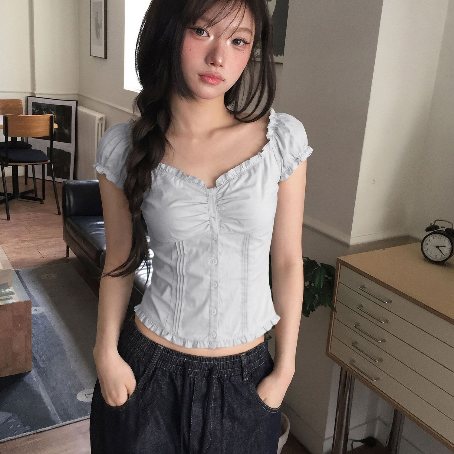甜美方領木耳邊褶皺短袖襯衫女夏季溫柔風收腰顯瘦百搭短款上衣