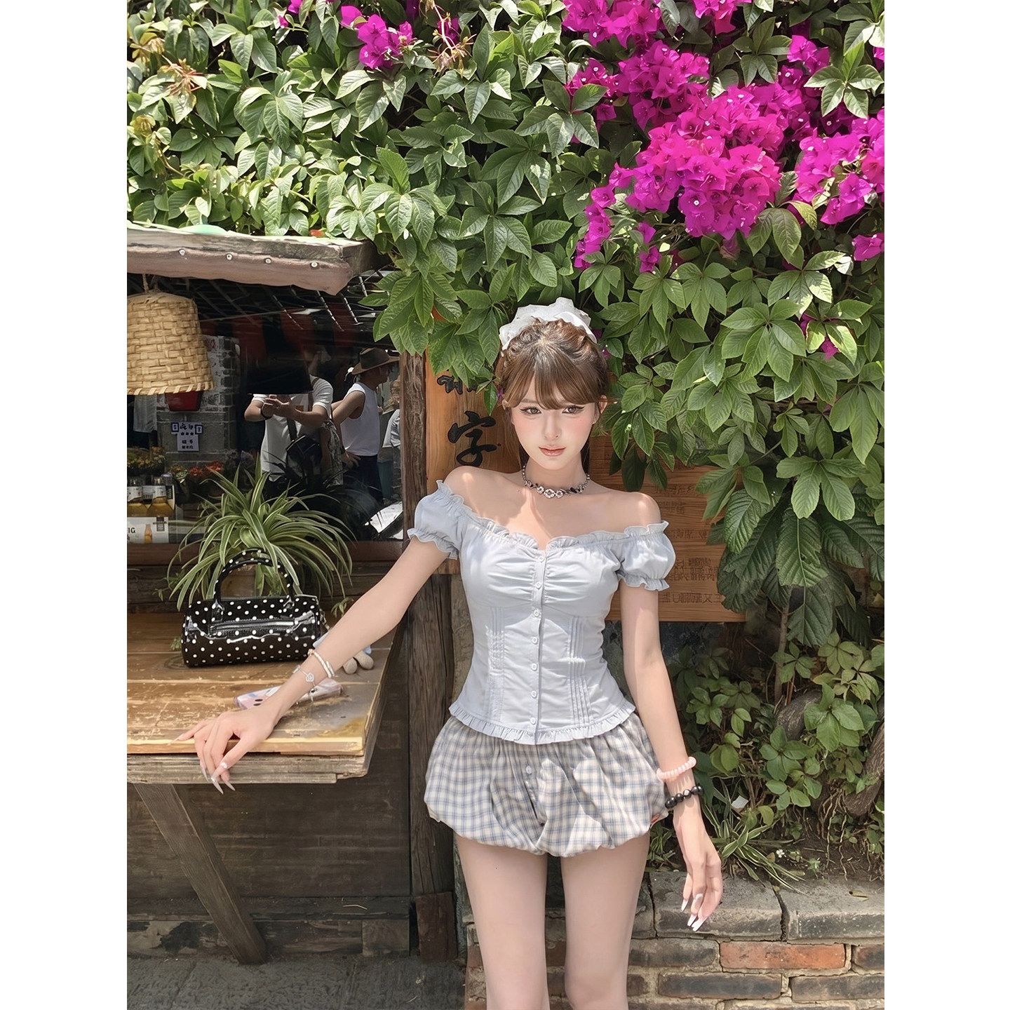 辣妹方領木耳邊褶皺短袖襯衫女夏季溫柔風收腰顯瘦百搭短款上衣