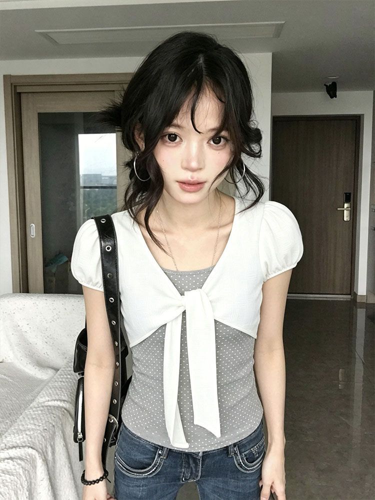 白色蝴蝶結短袖開衫波點吊帶兩件套女夏季韓系顯瘦百搭短款上衣