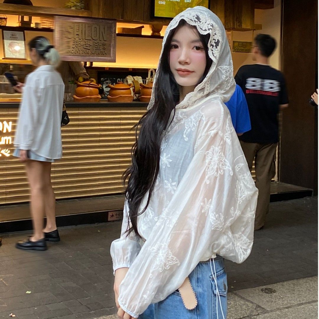法式蕾絲花邊連帽防曬外套女夏薄款寬松小眾雪紡上衣
